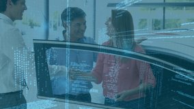 Animation of statistics, data processing over Caucasian couple standing by a car, embracing, talking to a Caucasian man. Coronavirus Covid-19 pandemic concept digital composite - Powered by Shutterstock - Get 15% off with code: PIKWIZARD15