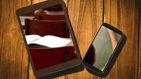 Animation of a digital tablet with a open notebook lying in a classroom and a smartphone with a kid writing on a blackboard on the screens. Coronavirus Covid-19 technology concept digital composition - Powered by Shutterstock - Get 15% off with code: PIKWIZARD15