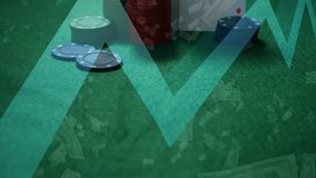 Animation of blue arrow going up and down, American dollar bills floating over casino chips and playing cards standing on a table. Coronavirus Covid-19 pandemic concept digital composite - Powered by Shutterstock - Get 15% off with code: PIKWIZARD15
