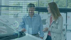 Animation of statistics, data processing over Caucasian couple standing by a car, talking, receiving car keys. Coronavirus Covid-19 pandemic concept digital composite - Powered by Shutterstock - Get 15% off with code: PIKWIZARD15