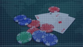 Animation of casino chips falling on playing cards over a world map. Coronavirus Covid-19 pandemic concept digital composite - Powered by Shutterstock - Get 15% off with code: PIKWIZARD15