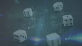 Animation of statistics, data processing, globe spinning, white dices standing, red dices falling on black background. Coronavirus Covid-19 pandemic concept digital composite - Powered by Shutterstock - Get 15% off with code: PIKWIZARD15