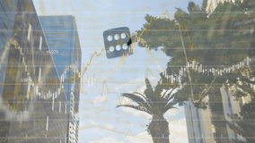 Animation of statistics, data processing with a black dice tumbling over a cityscape. Coronavirus Covid-19 pandemic concept digital composite - Powered by Shutterstock - Get 15% off with code: PIKWIZARD15