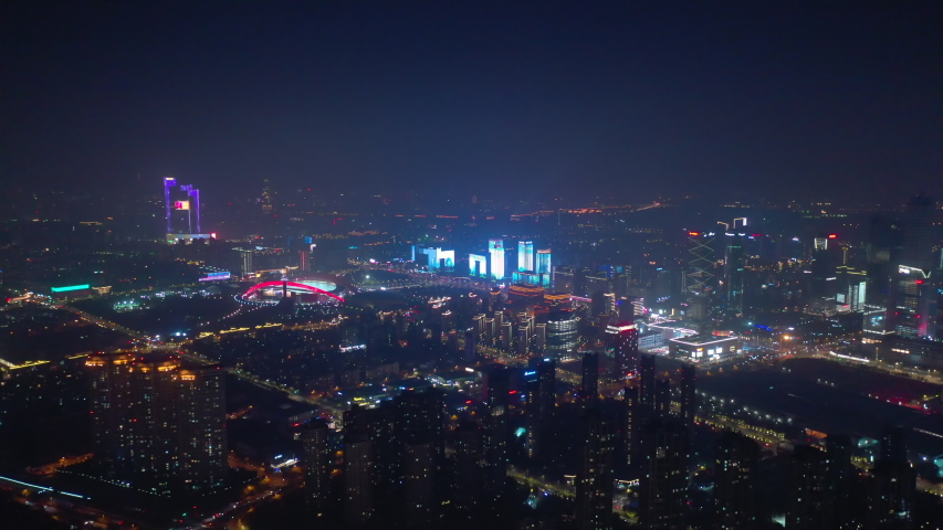 night illumination nanjing olympic sport complex district cityscape aerial panorama 4k china