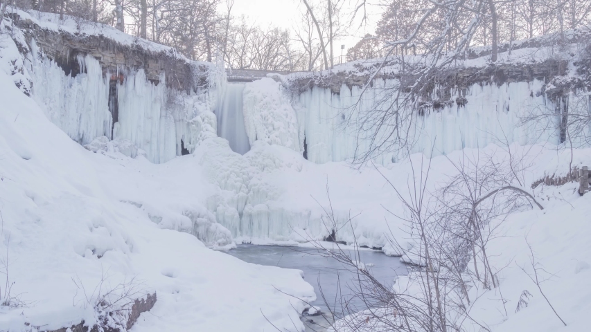 A Wide Angle Sunset Timelapse of the Mostly Frozen Minnehaha Falls during Winter 4K UHD TImelapse