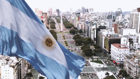 9 of July Avenue in Buenos Aires and Argentina Flag. High Angle View. 