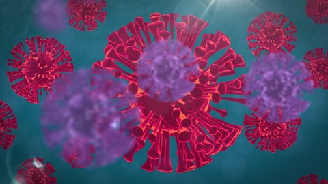 Animation of macro Covid-19 cells floating on blue background. Coronavirus Covid-19 pandemic concept digital composite स्टॉक वीडियो