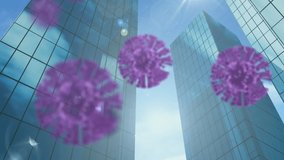 Animation of macro Covid-19 cells floating over a cityscape. Coronavirus Covid-19 pandemic concept digital composite - Powered by Shutterstock - Get 15% off with code: PIKWIZARD15