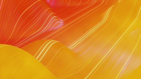 Beautiful abstract background of waves on surface, red yellow color gradients, extruded lines as striped fabric surface with folds or waves on liquid. 4k loop. Glow lines.