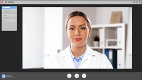 healthcare, medicine and technology concept - computer screen with smiling female doctor having online consultation