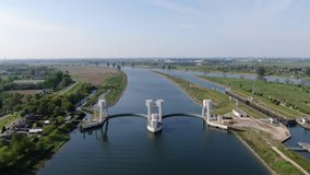 4k aerial video of water sluice complex in the Lek river in the Netherlands