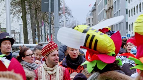Düsseldorf , NRW / Germany - 02 22 2020: Rosenmontag Carnaval in Düsseldorf, Germany With Aladine Costume in Slow Motion