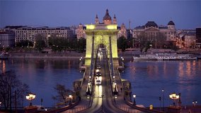 Amazing mood video about the historical famous and popular Szechenyi chain bridge in the center of Budapest city. Capital city of Hungary. Full HD footage