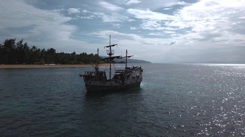 Drone shot of a Pirate boat in the Caribbean Sea