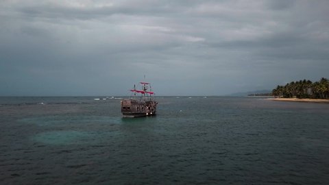 Drone shot of a Pirate boat in the Caribbean Sea