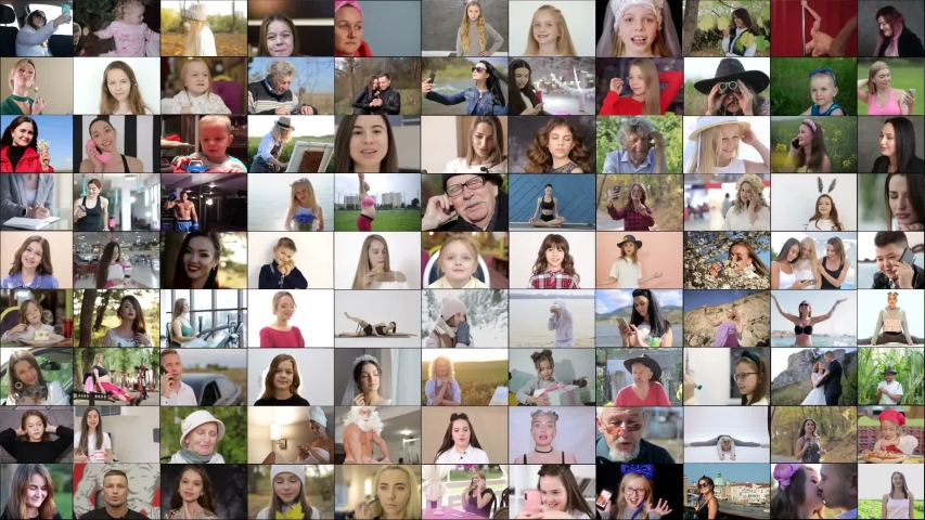Video collage of 99 people, collage of different people looking at the camera. Multi-screen editing of various multiethnic men and womenVideo collage of 99 people, collage of different people looking  | Shutterstock HD Video #1052410573