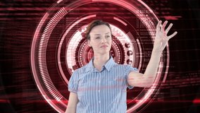 Animation of a Caucasian woman using a 3D interactive screen. Global economy and technology concept digital composite - Powered by Shutterstock - Get 15% off with code: PIKWIZARD15