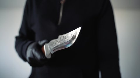 Man Black Demonstrates Beautiful Metal Knife Stock Footage Video (100% ...