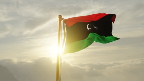 Flag of Libya Waving in the wind, Sky and Sun Background, Slow Motion, Realistic Animation, 4K UHD 60 FPS Slow-Motion