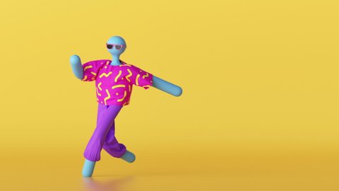 3d abstract cartoon character wearing pink clothes isolated on yellow background, dancing funny hipster person loop animation, modern minimal seamless motion design.