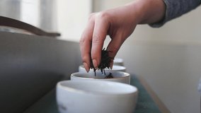 Female arm takes loose dried tea from white porcelain cup and sprinkles it back. Close up hand of young woman pours handful leaves into mug. Tea ceremony culture concept. Low view Slow motion - Powered by Shutterstock - Get 15% off with code: PIKWIZARD15