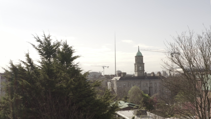 Dublin during Covid-19 lock down. Drone rising up from Rotunda Hospital looking south down O