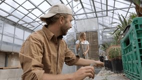 Colleagues gardening together in a green house taking care of tropical plants and cactuses. Woman on foreground man behind cleaning area. - Powered by Shutterstock - Get 15% off with code: PIKWIZARD15