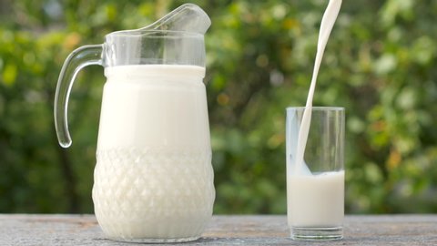 Fresh milk is poured into a glass on a wooden table, next to a full decanter, on a natural background. Farming