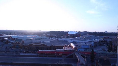 Calgary, Alberta / Canada - April 28 2018: Time lapse Sunrise over the Stampede Grounds, Saddledome
