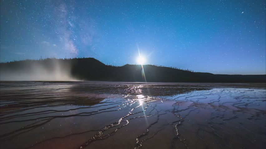 Panning time lapse shot of smoke over landscape against Milky Way at national park - Yellowstone National Park, Wyoming