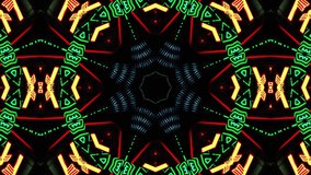4K red and green kaleidoscope sequence patterns. Motion background. Seamless loop. Abstract colorful geometric mirror shapes. Yoga, clubs, shows, mandala, music clip fractal animation