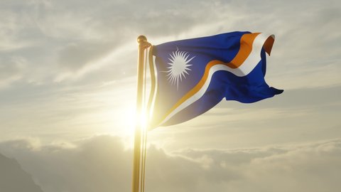 Flag of Marshall Islands Waving in the wind, Sky and Sun Background, Slow Motion, Realistic Animation, 4K UHD 60 FPS Slow-Motion