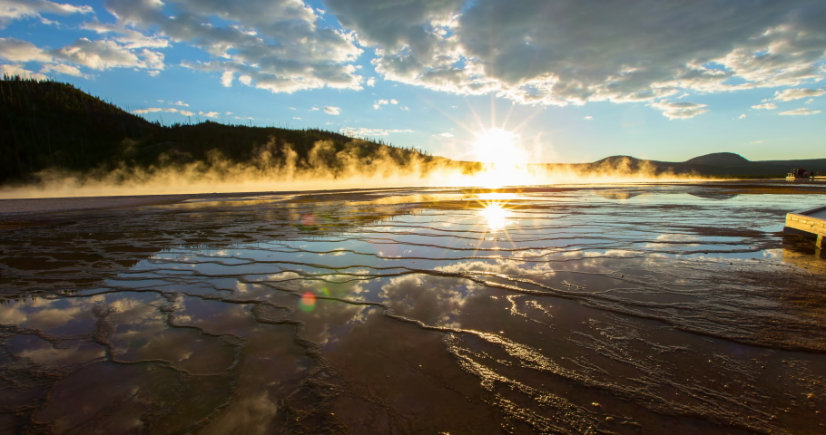 Lockdown time lapse shot of smoke over Grand Prismatic Spring against sky at sunset - Yellowstone National Park, Wyoming