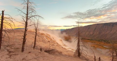 Lockdown time lapse shot of bare trees near hot spring against sky during sunrise - Yellowstone National Park, Wyoming