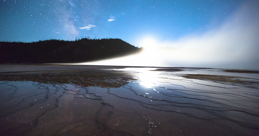 Lockdown time lapse shot of Grand Prismatic Spring with Milky Way reflection at national park - Yellowstone National Park, Wyoming