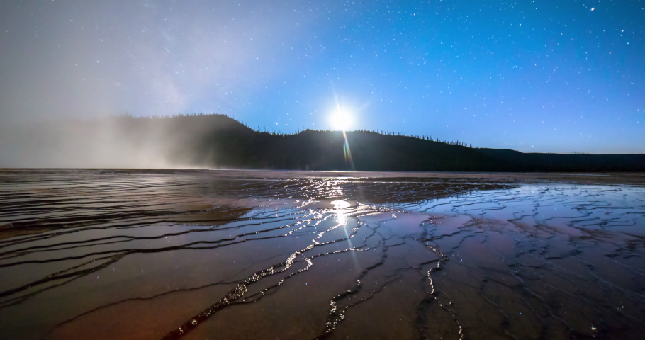 Panning time lapse shot of Grand Prismatic Spring against Milky Way at national park - Yellowstone National Park, Wyoming