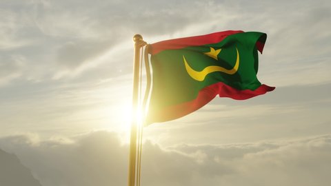 Flag of Mauritania Waving in the wind, Sky and Sun Background, Slow Motion, Realistic Animation, 4K UHD 60 FPS Slow-Motion