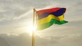 Flag of Mauritius Waving in the wind, Sky and Sun Background, Slow Motion, Realistic Animation, 4K UHD 60 FPS Slow-Motion