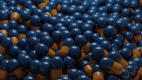 close up of blue and yellow pills, pharmacy - 3d render video of randomly distributed capsules
