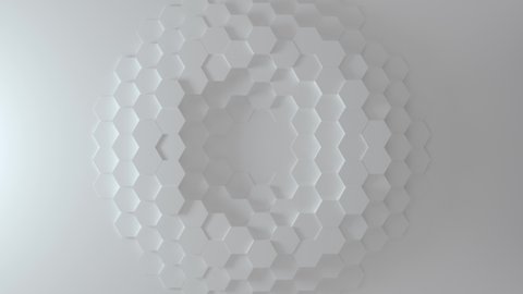 Abstract Honeycomb Background Loop wide angle. Bright white 3D animation of a seamless loop of hexagon beehive. Great modern trends. Light, minimal, moving hexagonal grid. Loopable transition