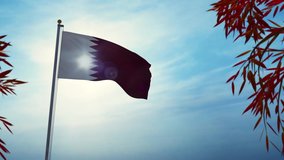 Qatar flag flying and trees waving. Backlit Qatari emblem on pole shows pride - 3d animation