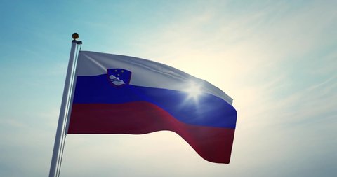 Slovenia flag flying backlit in the sky. Waving Slovene silhouette and flagpole in sunlight - Video 3d animation