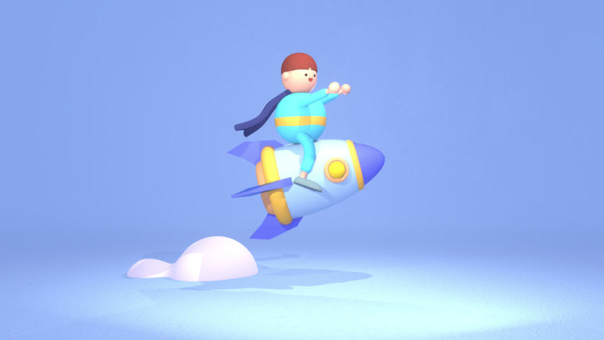 Cartoon male figurine sitting on a blue space rocket animation. (Looped)