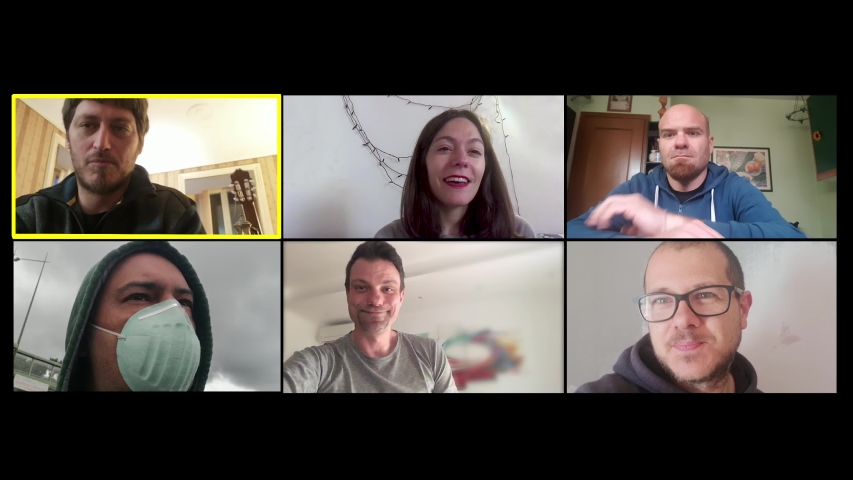 Covid 19, lockdown. Six friends chatting by zoom, talking about pandemic