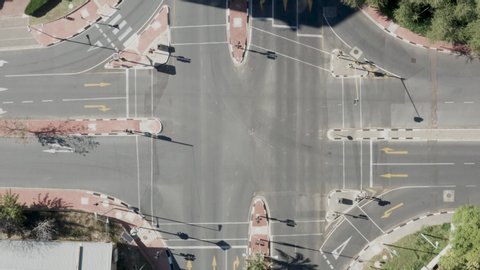 Aerial view of a large empty traffic intersection in Sandton, Johannesburg during the covid-19 coronavirus lockdown. 