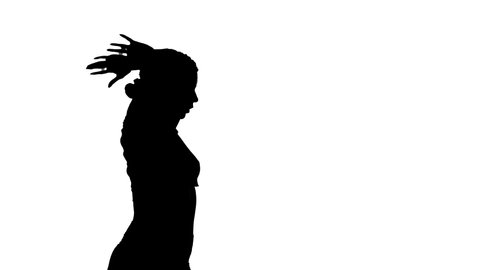 black silhouette on a white background, young beautiful woman dancing contemporary, modern ballet dance, medium long shot