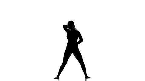 black silhouette on a white background, young beautiful woman in a tight suit dancing contemporary, modern ballet dance, slow motion