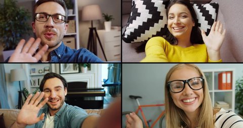Collage of online video chat of four friends on computer screen in room. Caucasian cheerful men and women talking on video call. Males and females chatting through web camera. Leisure concept