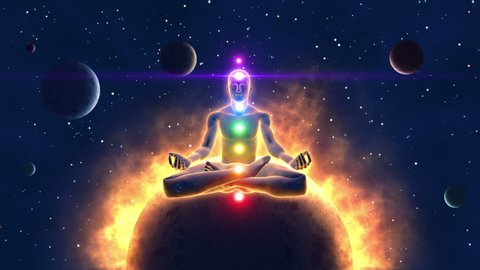 Cosmic meditation silhouette of a person sitting in lotus pose and achieving enlightenment spiritual awakening meditating man self realization unlocking seven chakras and opening third eye animation