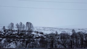 Tracking shot of Scottish countryside showing roadside, trees, mountains and lake 